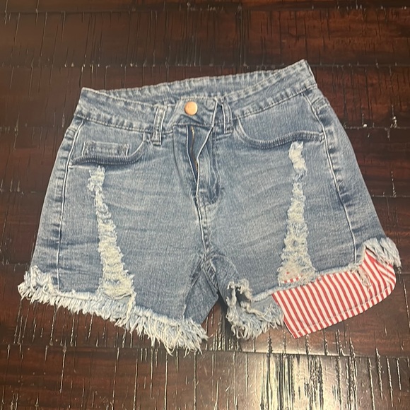 Pants - Blue and Red Jean Shorts with Distressed Frayed Hem 4th of July America